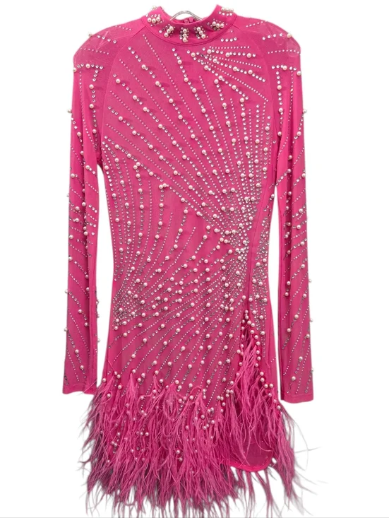 Nwt House Of Maguie Hot Pink Longsleeve Rhinestone,feathers & pearls Party Dress - Picture 3 of 16